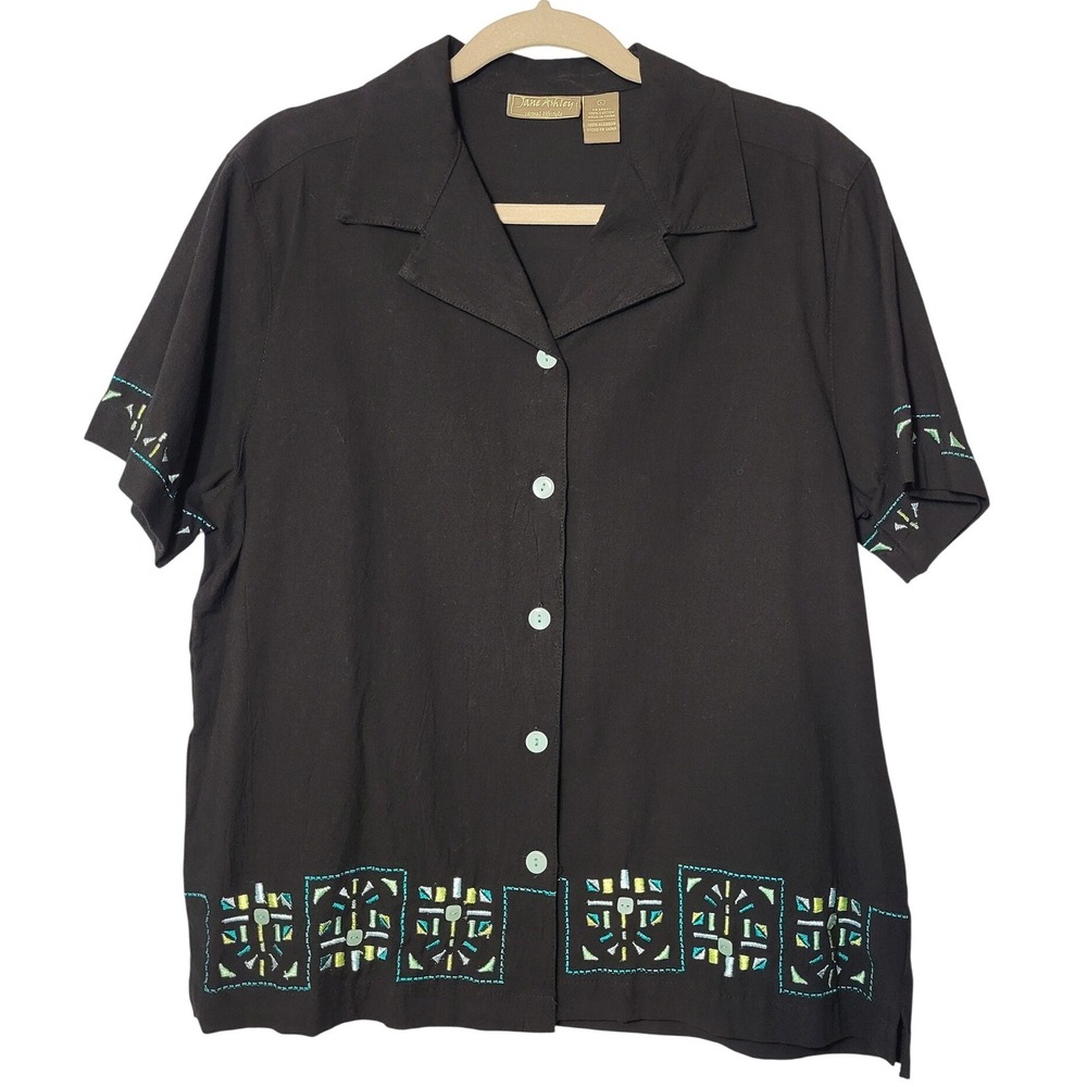 VTG Jane Ashley Black Cotton Embroidered Button Down Shirt Short Sleeve Large